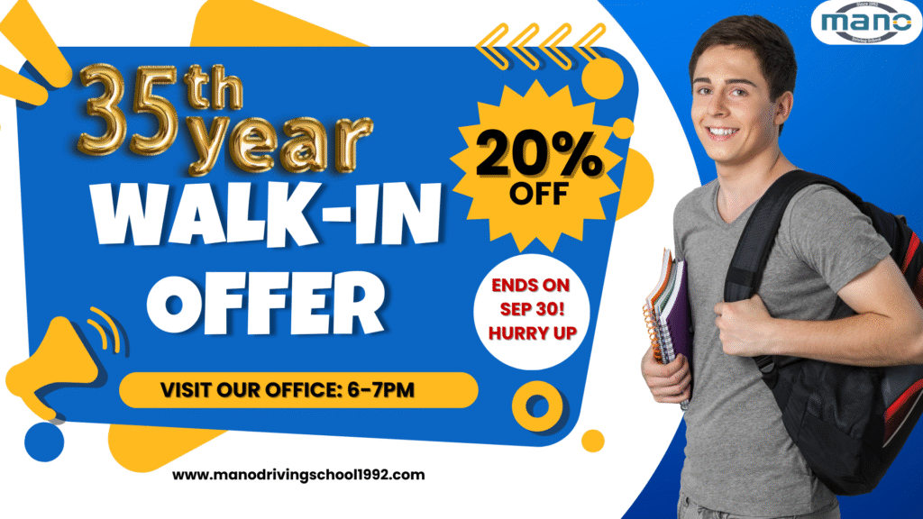 driving school offer 20% - mano driving school 35th year walk-in offer