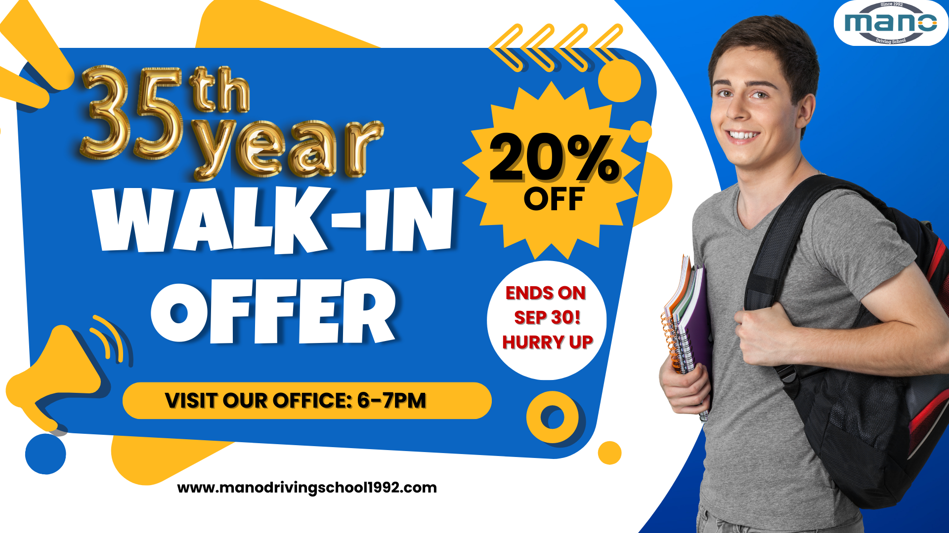 driving school offer 20% - mano driving school 35th year walk-in offer